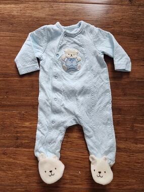 Little Me Light Blue Boy Teddy Bear Footed Sleeper Onesie Pajamas 3 Months